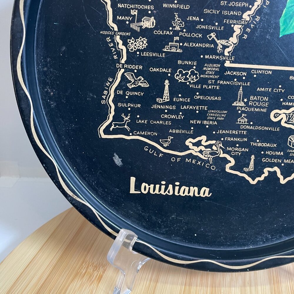 Vintage State of Louisiana Souvenir Tray Black Metal Travel Magnolia Pelican - Picture 5 of 6